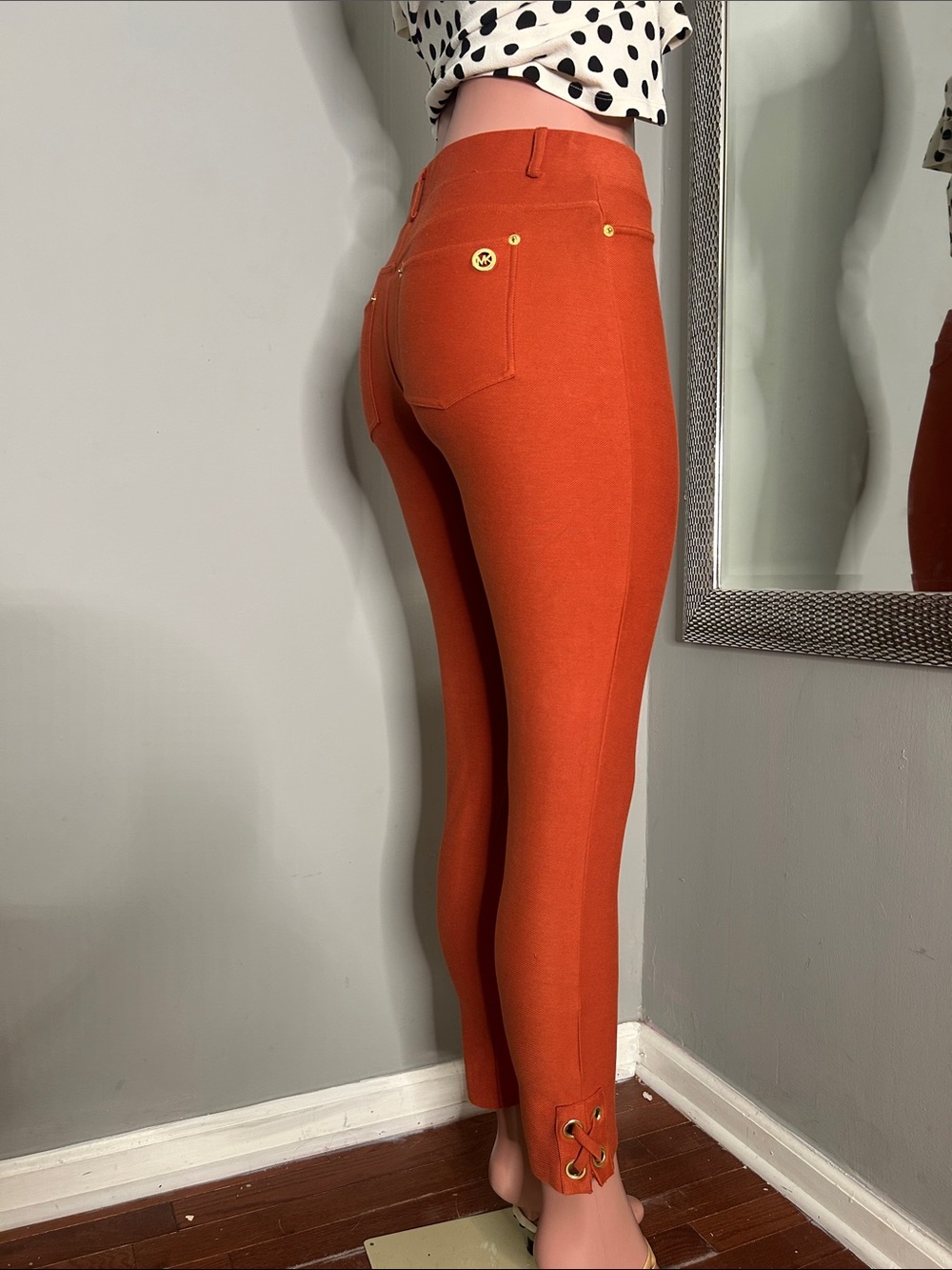 Michael Kors Orange High-Waist Skinny Ponte Pants with Gold Accents